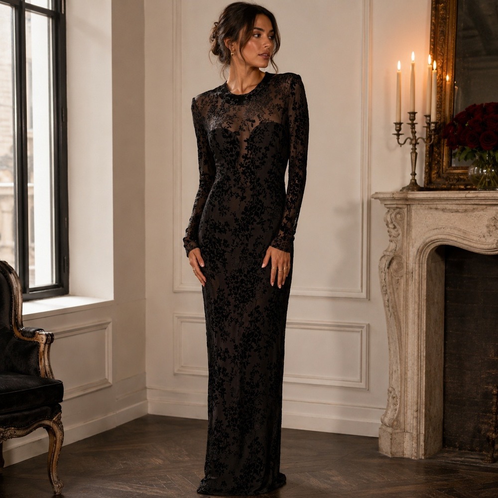 Club L London Black‎ Velvet Burnout Mesh Maxi Dress Sz 6 Sheer Goth Romantic